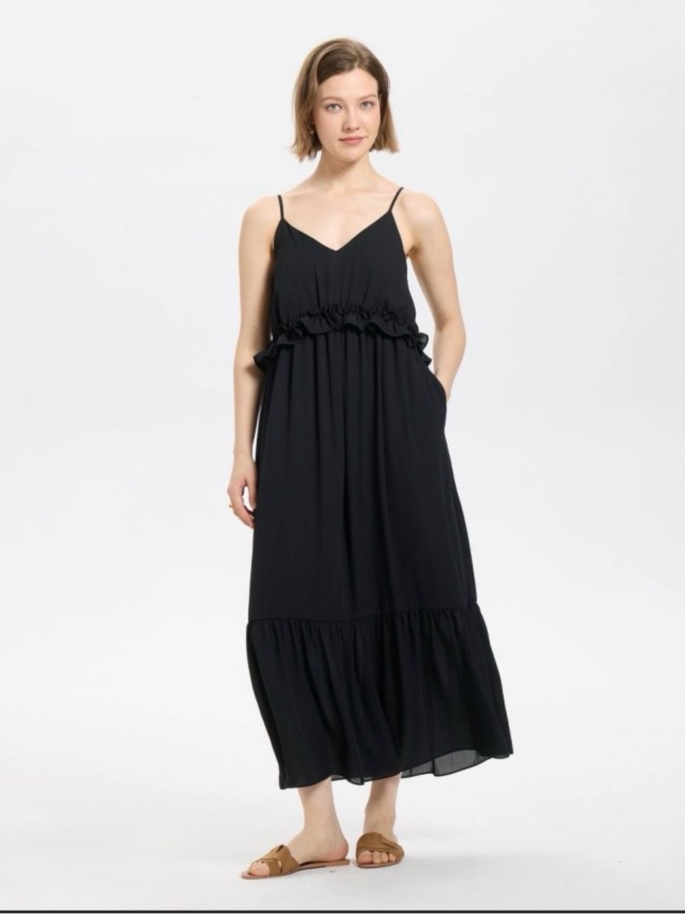 NWT! Women’s A New Day Black Tiered Ruffle Spaghetti Strap Maxi Dress XS